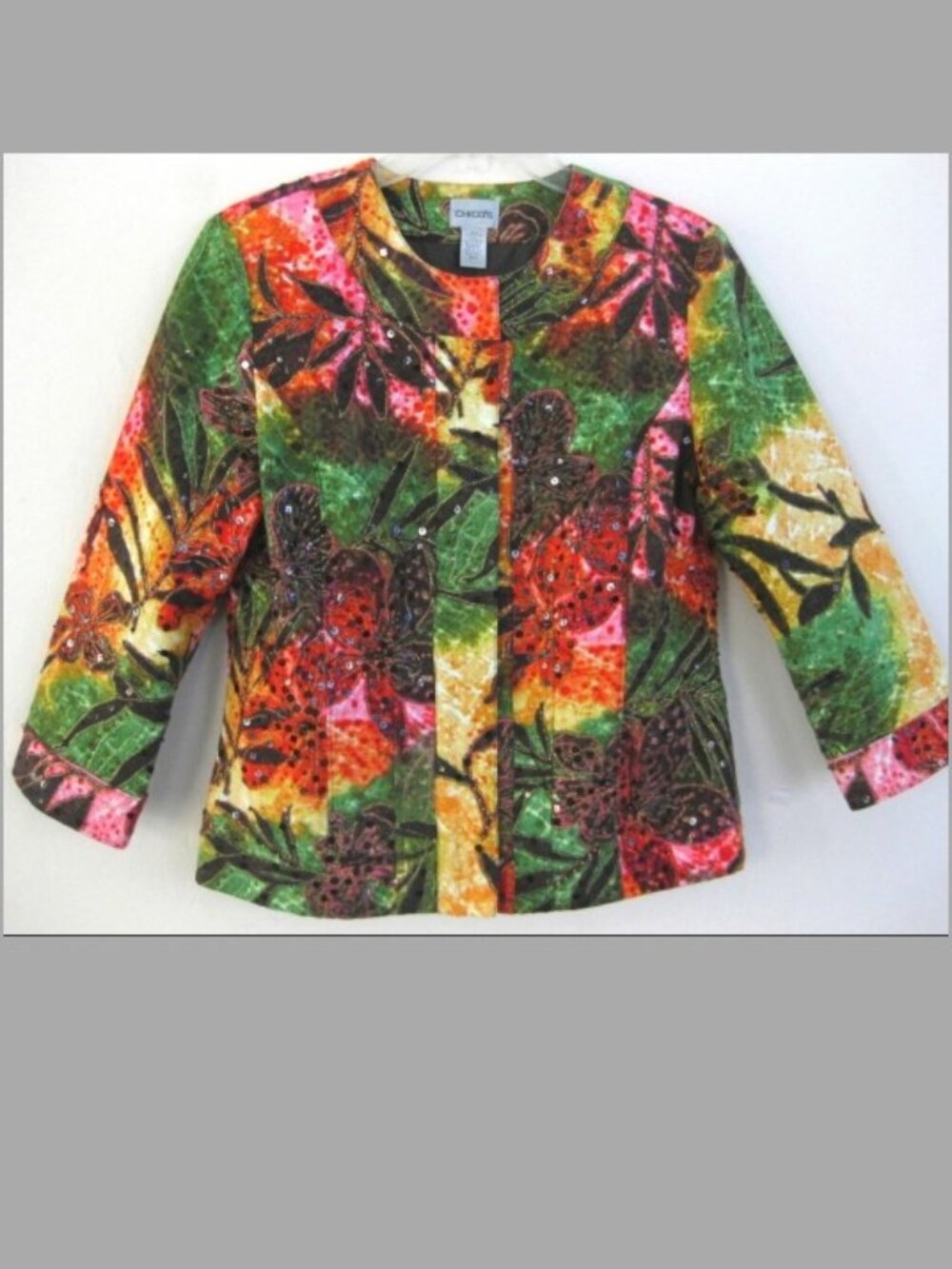 Embellished floral jacket S Chicos 0 Pure cotton Sequins Beads Black Pink Green